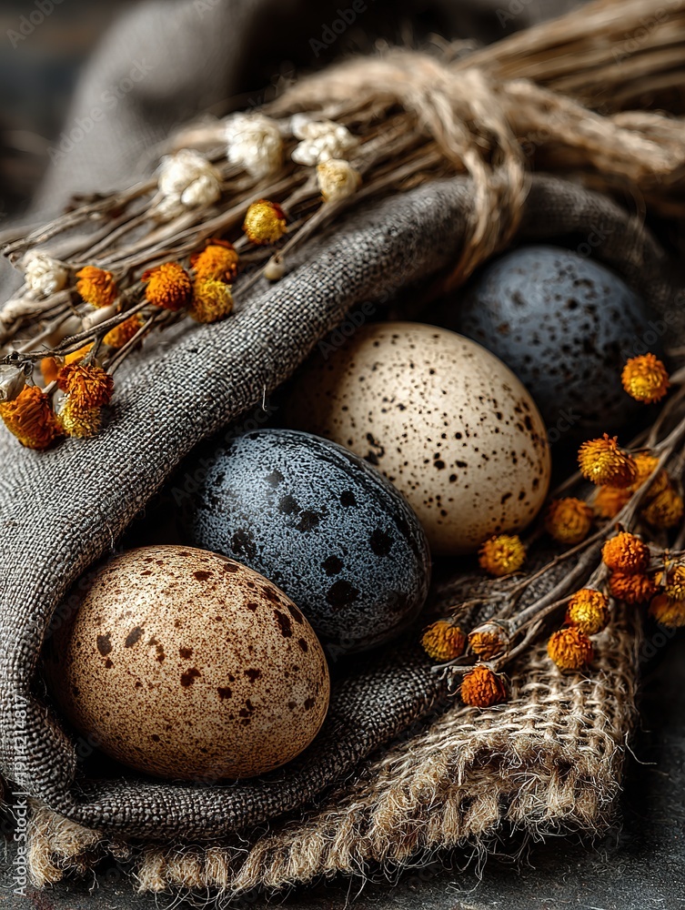 Obraz premium Rustic Easter eggs in linen cloth with pussy willow branches, cozy spring holiday still life