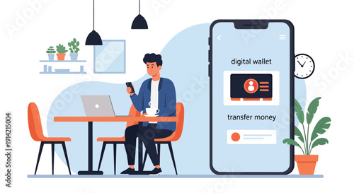 Modern flat vector illustration of man using smartphone digital wallet for transfer money in urban café, representing fintech innovation, online transaction, and modern financial lifestyle