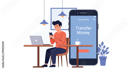 Modern flat vector illustration of man using smartphone digital wallet for transfer money in urban café, representing fintech innovation, online transaction, and modern financial lifestyle