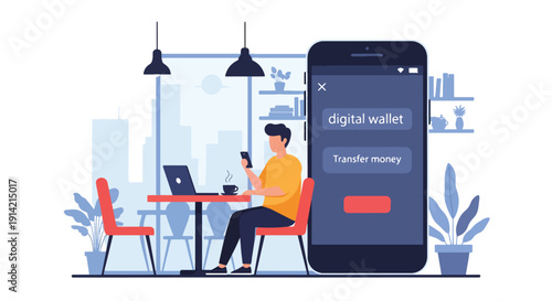 Modern flat vector illustration of man using smartphone digital wallet for transfer money in urban café, representing fintech innovation, online transaction, and modern financial lifestyle