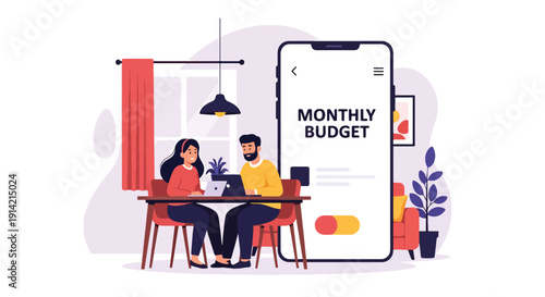 Modern flat vector illustration of couple planning monthly household budget together at table with laptop and calculator, representing financial planning, savings management, and responsible spending