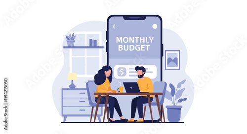 Modern flat vector illustration of couple planning monthly household budget together at table with laptop and calculator, representing financial planning, savings management, and responsible spending