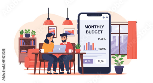 Modern flat vector illustration of couple planning monthly household budget together at table with laptop and calculator, representing financial planning, savings management, and responsible spending