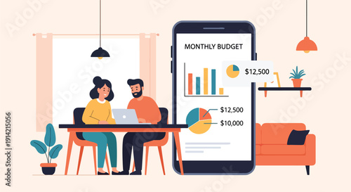 Modern flat vector illustration of couple planning monthly household budget together at table with laptop and calculator, representing financial planning, savings management, and responsible spending