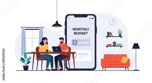 Modern flat vector illustration of couple planning monthly household budget together at table with laptop and calculator, representing financial planning, savings management, and responsible spending