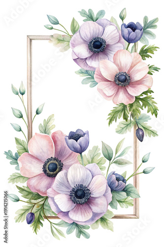 Elegant Watercolor Anemone Flower Arrangement with Wooden Frame on Black Background