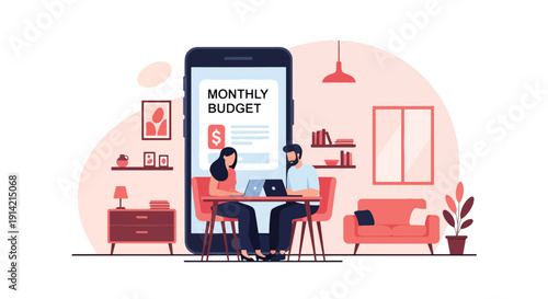 Modern flat vector illustration of couple planning monthly household budget together at table with laptop and calculator, representing financial planning, savings management, and responsible spending