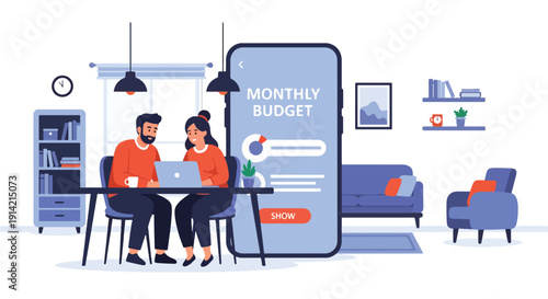 Modern flat vector illustration of couple planning monthly household budget together at table with laptop and calculator, representing financial planning, savings management, and responsible spending