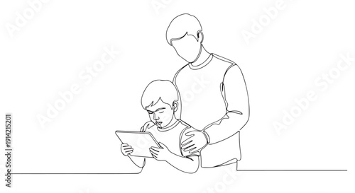 A man and a child engaged with a tablet device, illustrating a moment of shared digital interaction and learning