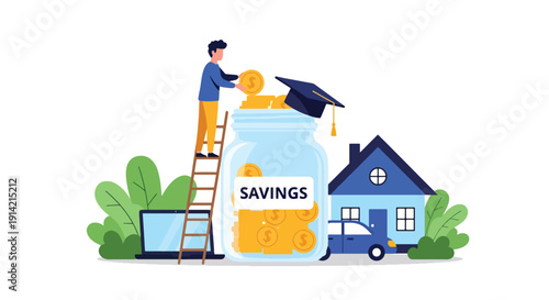 Modern flat vector illustration of man putting coins into savings jar, representing personal finance discipline, saving money habit, and future planning concept
