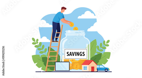 Modern flat vector illustration of man putting coins into savings jar, representing personal finance discipline, saving money habit, and future planning concept