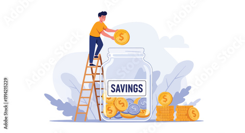 Modern flat vector illustration of man putting coins into savings jar, representing personal finance discipline, saving money habit, and future planning concept