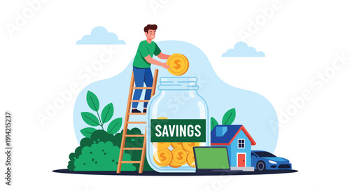 Modern flat vector illustration of man putting coins into savings jar, representing personal finance discipline, saving money habit, and future planning concept