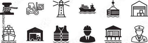 Marine port web icons set with shipping, cargo, harbor and logistics outline symbols pack
