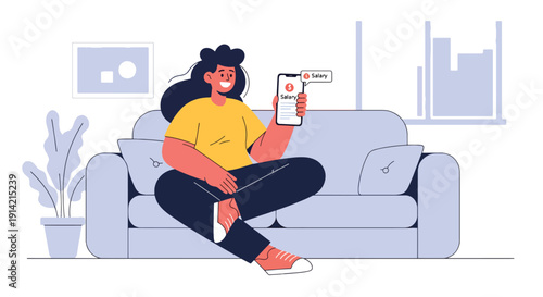 Modern flat vector illustration of young professional celebrating salary payment notification on smartphone at home, representing financial independence, income growth, and career success