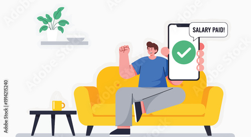 Modern flat vector illustration of young professional celebrating salary payment notification on smartphone at home, representing financial independence, income growth, and career success