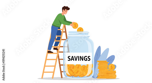 Modern flat vector illustration of man putting coins into savings jar, representing personal finance discipline, saving money habit, and future planning concept