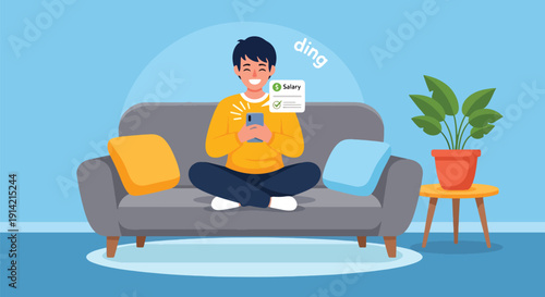 Modern flat vector illustration of young professional celebrating salary payment notification on smartphone at home, representing financial independence, income growth, and career success