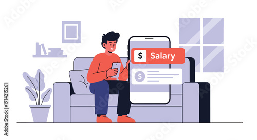 Modern flat vector illustration of young professional celebrating salary payment notification on smartphone at home, representing financial independence, income growth, and career success