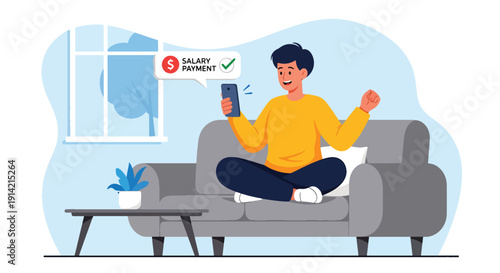 Modern flat vector illustration of young professional celebrating salary payment notification on smartphone at home, representing financial independence, income growth, and career success