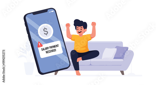 Modern flat vector illustration of young professional celebrating salary payment notification on smartphone at home, representing financial independence, income growth, and career success