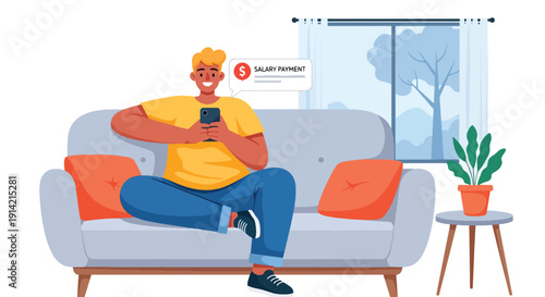 Modern flat vector illustration of young professional celebrating salary payment notification on smartphone at home, representing financial independence, income growth, and career success