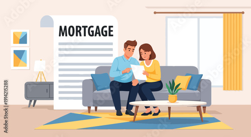 Modern flat vector illustration of couple reviewing home mortgage and financial documents together in living room, representing real estate investment, budgeting, and long-term financial planning