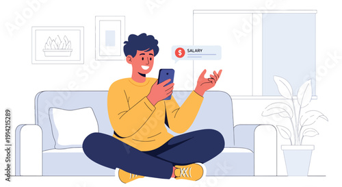 Modern flat vector illustration of young professional celebrating salary payment notification on smartphone at home, representing financial independence, income growth, and career success