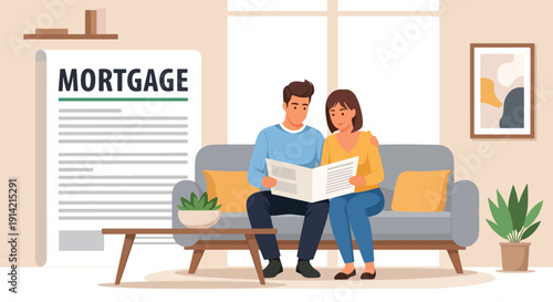 Modern flat vector illustration of couple reviewing home mortgage and financial documents together in living room, representing real estate investment, budgeting, and long-term financial planning