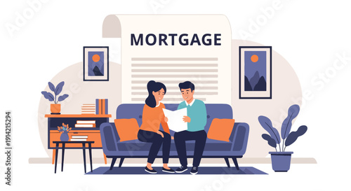 Modern flat vector illustration of couple reviewing home mortgage and financial documents together in living room, representing real estate investment, budgeting, and long-term financial planning