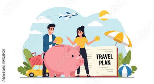 Modern flat vector illustration of young couple saving money for vacation using piggy bank and travel planner notebook, representing financial planning, budgeting, and lifestyle goals