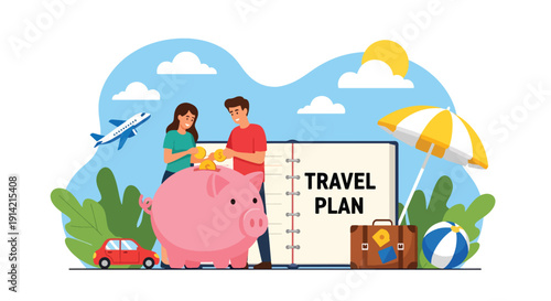 Modern flat vector illustration of young couple saving money for vacation using piggy bank and travel planner notebook, representing financial planning, budgeting, and lifestyle goals