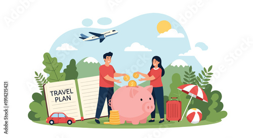 Modern flat vector illustration of young couple saving money for vacation using piggy bank and travel planner notebook, representing financial planning, budgeting, and lifestyle goals