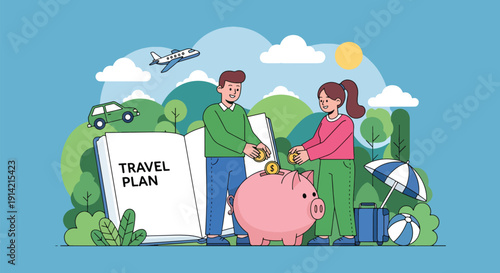 Modern flat vector illustration of young couple saving money for vacation using piggy bank and travel planner notebook, representing financial planning, budgeting, and lifestyle goals