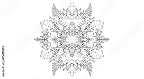 Intricate black and white mandala design with floral patterns.