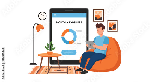 Modern flat vector illustration of man planning monthly expenses on tablet with digital budget charts and receipts on table, representing personal finance organization and smart spending