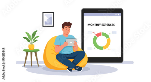 Modern flat vector illustration of man planning monthly expenses on tablet with digital budget charts and receipts on table, representing personal finance organization and smart spending