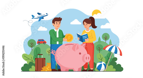 Modern flat vector illustration of young couple saving money for vacation using piggy bank and travel planner notebook, representing financial planning, budgeting, and lifestyle goals