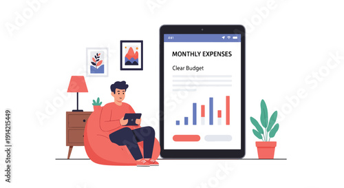 Modern flat vector illustration of man planning monthly expenses on tablet with digital budget charts and receipts on table, representing personal finance organization and smart spending