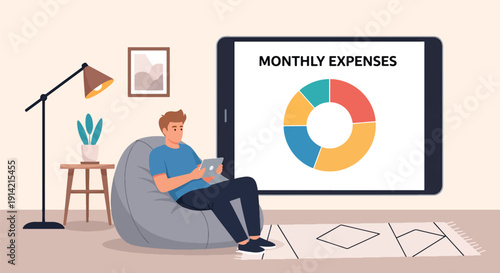 Modern flat vector illustration of man planning monthly expenses on tablet with digital budget charts and receipts on table, representing personal finance organization and smart spending