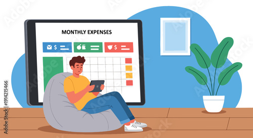 Modern flat vector illustration of man planning monthly expenses on tablet with digital budget charts and receipts on table, representing personal finance organization and smart spending