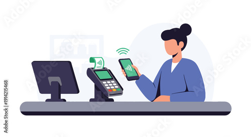 Modern flat vector illustration of person making contactless payment with smartphone at retail checkout counter, representing cashless economy and digital banking lifestyle