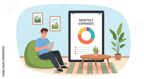Modern flat vector illustration of man planning monthly expenses on tablet with digital budget charts and receipts on table, representing personal finance organization and smart spending