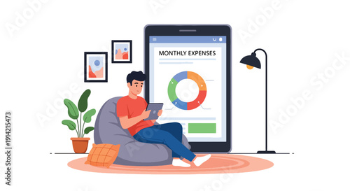 Modern flat vector illustration of man planning monthly expenses on tablet with digital budget charts and receipts on table, representing personal finance organization and smart spending