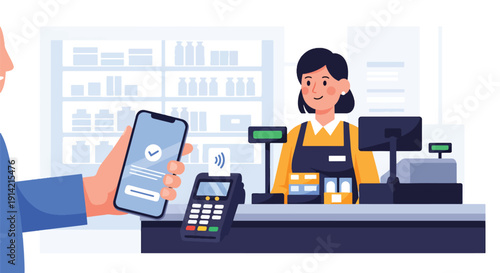 Modern flat vector illustration of person making contactless payment with smartphone at retail checkout counter, representing cashless economy and digital banking lifestyle