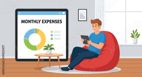 Modern flat vector illustration of man planning monthly expenses on tablet with digital budget charts and receipts on table, representing personal finance organization and smart spending