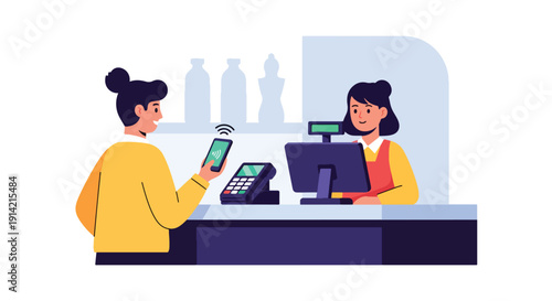 Modern flat vector illustration of person making contactless payment with smartphone at retail checkout counter, representing cashless economy and digital banking lifestyle