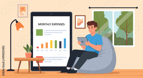 Modern flat vector illustration of man planning monthly expenses on tablet with digital budget charts and receipts on table, representing personal finance organization and smart spending