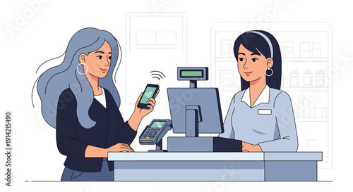 Modern flat vector illustration of person making contactless payment with smartphone at retail checkout counter, representing cashless economy and digital banking lifestyle