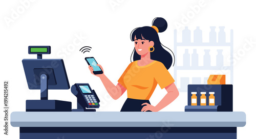 Modern flat vector illustration of person making contactless payment with smartphone at retail checkout counter, representing cashless economy and digital banking lifestyle